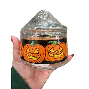 Vintage Halloween Pumpkin Jack O Lantern Clear Glass Canister